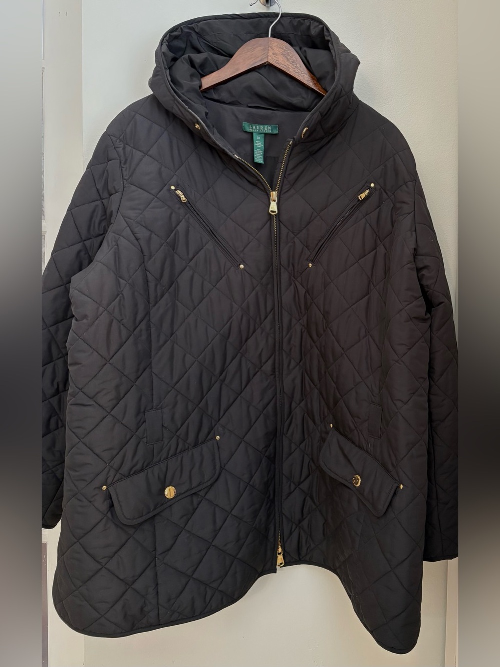 Lauren Ralph Lauren Black Quilted Hooded Puffer Coat with Gold Hardware Sz:3X
